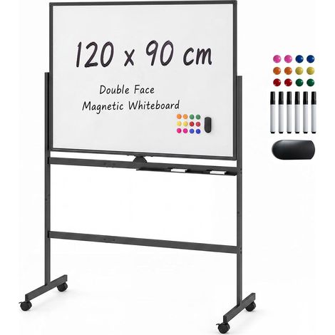 COSTWAY Tableau Blanc Mobile Magnétique Effaçable 2 Faces 120x90cm, Noir (1/5)