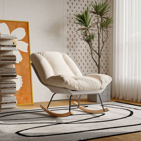 Schaukelstuhl - Design 5 Positionen - Kissen aus hochdichtem Schaumstoff - Leinen & Kunstleder beige - Set von 2