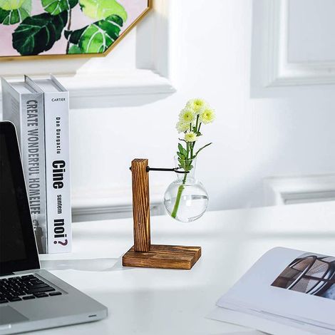 Vase transparent de table avec support en bois, vase en verre clair pour plantes, décoration intérieure pour la maison, le bureau ou la table. (1/5)