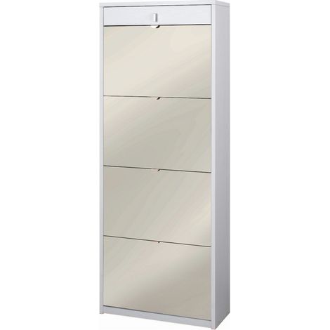 Zapatera con 4 puertas, espejo y 1 cajón 63L x 29P x h164 – Acabado Blanco Brillante – Sarmog