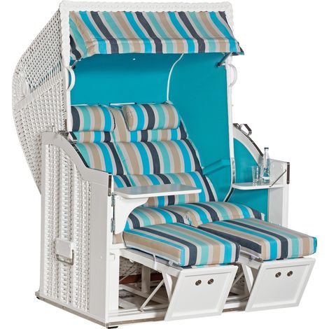 Sonnenpartner Gartenstrandkorb ""Classic"" 2-Sitzer, Halbliegemodell Kunststoffgeflecht weiß gefertigt mit Stoff Ocean Oberkorbhimmel & Seitenteile uni türkis 717