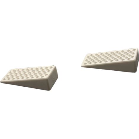 Lot de 2 cale porte triangulaires adhésifs blancs de petite taille en plastique. Longueur 50mm largeur 19mm & hauteur 11mm. (1/4)