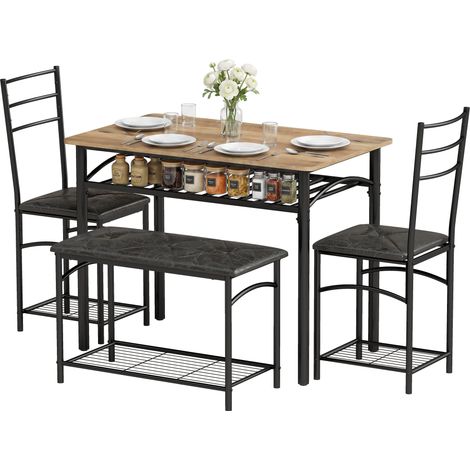 Ensemble repas 4 pièces table industriel 2 chaises 1 banquette assises simili-cuir marron (1/4)