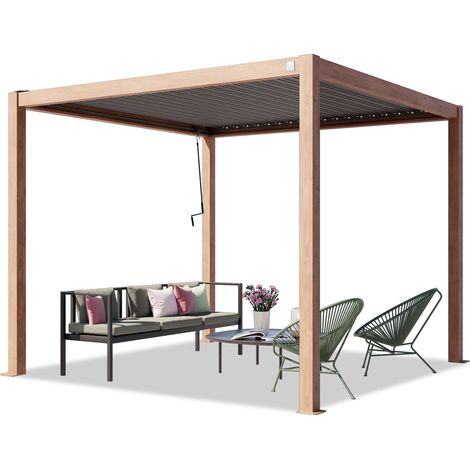 PRIMEYARD Pergola 3x3 m Aluminium-Pfosten in Holzoptik mit Lamellendach aus Stahl Terrassenüberdachung