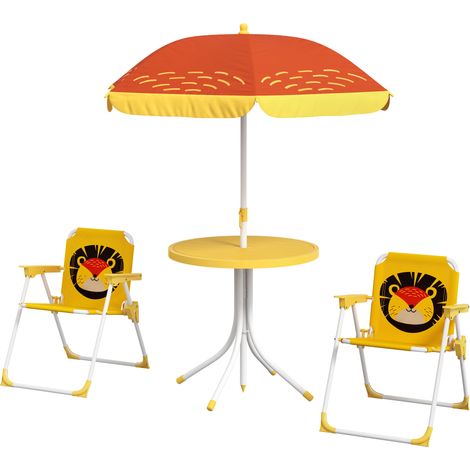 Table enfant lion pliable avec parapluie + 2 chaises, réglable en hauteur, jaune 70x40x50cm