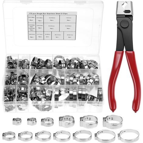 170PCS colliers de serrage à oreille unique set, 14 tailles de 5,3 à 33,1 mm, colliers de serrage en acier inoxydable 304 avec une pinces (1/5)
