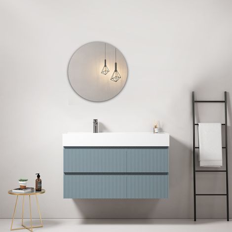 Mobile bagno sospeso cannettato 100 cm Blu Avio Lavabo a Sinistra in Resina Specchio Tondo - Fiji Paint (1/4)
