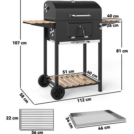 Barbecue au charbon de bois, bac à charbon réglable en hauteur, chariot de barbecue, étagères, thermomètre, ouvre-bouteille, acier, bois, noir (1/5)
