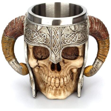 médiéval Mug, en Acier Inoxydable RAM Cornes Viking Pirate Gothique crâne Mug Tankard Coupe, château médiéval Lord Knight Skeleton Tankard Stein pour bière vin café 500 ML (17 oz) (1/5)