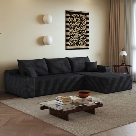 Divano modulare angolare, chaise longue a L, tessuto a coste nero (1/5)