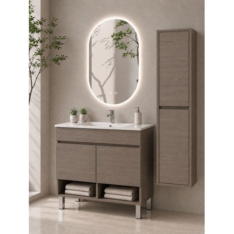 Mueble de baño con patas con lavabo extraplano ORIGENBATH NEBARI con patas y puertas sin espejo 50x40 cm roble smoky con columna (1/5)