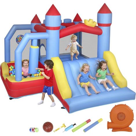 Château 277x270x215 cm avec souffleur, toboggan, trampoline, piscine, boxe et basket, parc gonflable enfant complet et sportif