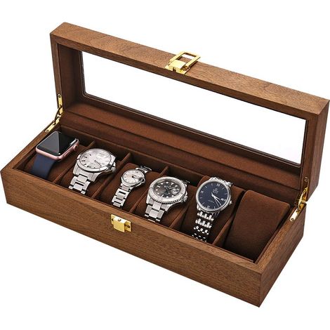 Coffret à montres LESTAR avec 6 emplacements, boîtier en bois vitré pour montres et bijoux, organisateur de montres avec valet, rangement de luxe pour homme (1/5)