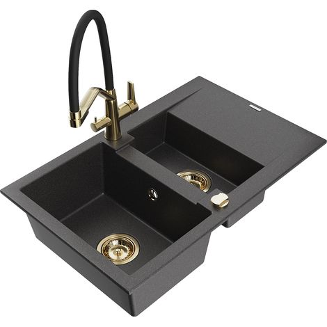 Mexen Gaspar évier en granit 1,5 bac avec égouttoir et robinet de cuisine Duo, noir moucheté - 6507-76-671701-57-G (1/5)
