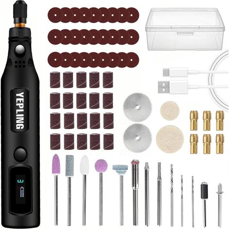 Outil rotatif sans fil 3,7 V Li-Ion 3 vitesses, polisseuse électrique LED, 72 accessoires USB, outil multifonction bricolage - (1/5)