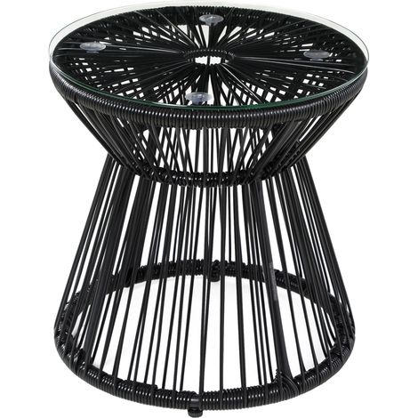 Runder Gartentisch mit Hohltrommel-Design, Bistrotisch mit Glasplatte, Kaffeetisch für Garten & Balkon, Schwarz