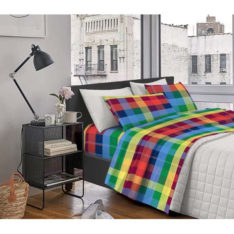 Completo Letto Matrimoniale ,100% Cotone Quadri multicolor