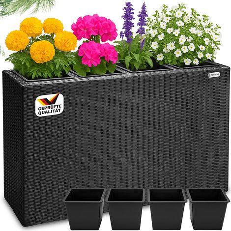 CASARIA Fioriere a 4 vasi estraibili fioriera ottica polirattan intrecciato 95 x 27 x 60 cm per piante fiori interno esterno Nero