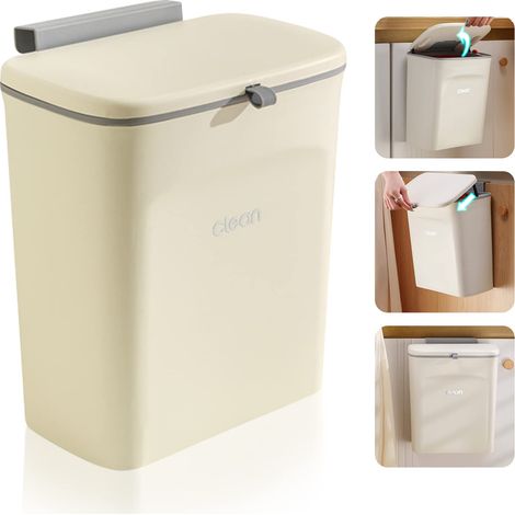 Poubelle de cuisine, poubelle de 9 l, à suspendre, avec couvercle, pour salle de bain, chambre à coucher, poubelle à compost pour cuisine (Crème) (1/5)