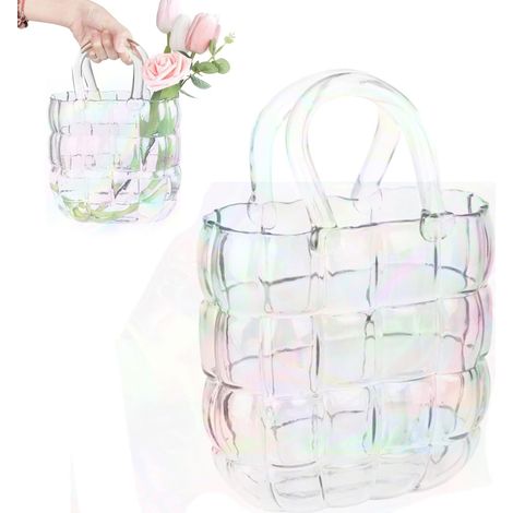 Handbemalte, quadratische Glasvase in Taschenform, dekorativ für Tulpen oder Potpourri
