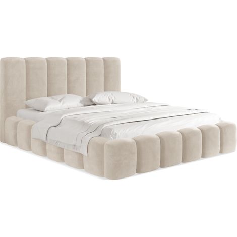 Polsterbett 200x200 mit Bettkasten und Lattenrost – Weiß Bett mit hohem Kopfteil, Boucle oder Samt Stoff - Modernes Doppelbett mit Stauraum – Bettgestell, ohne Matratze – Serenity - Weiß