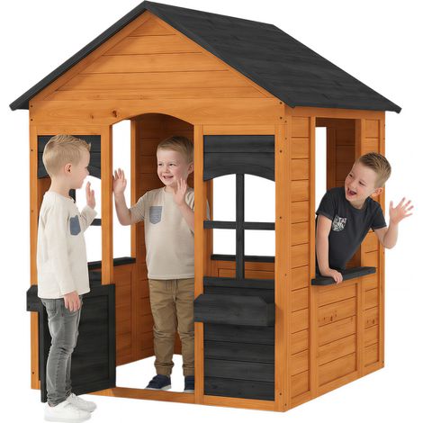 Maison de jeu extérieure - AIYAPLAY - demi-porte, fenêtres, bacs à fleurs - pour 3-8 ans - bois - 110,6x106,6x138cm - marron clair