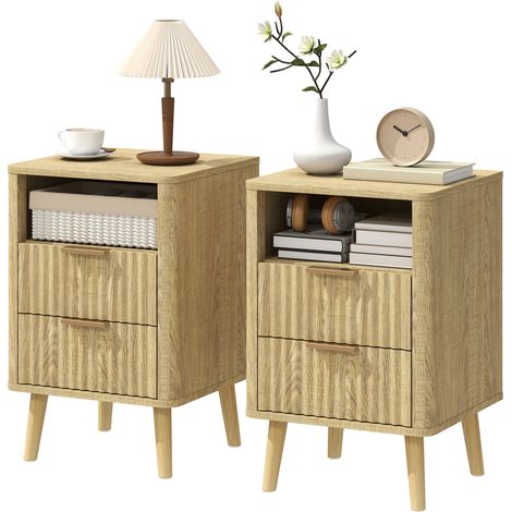 Lot 2 tables chevet chêne – 2 tiroirs, compartiment ouvert, coins arrondis – 40x40x61 cm – Tables de nuit pratiques et sécurisées (1/5)