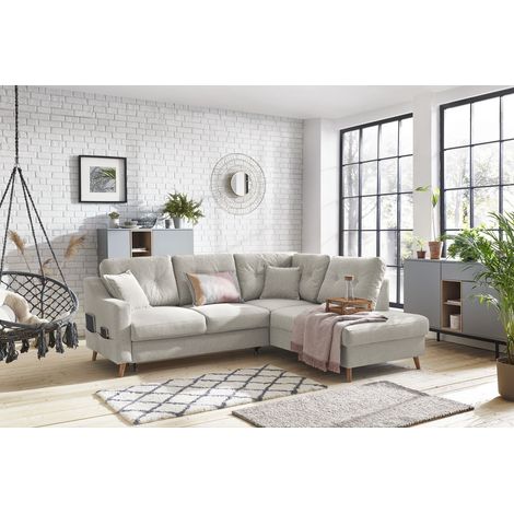 Bobochic – Canapé d'angle L convertible 5 places – Tissu chiné beige – Couchage 200x130 cm – Style scandinave avec coussins inclus (1/5)