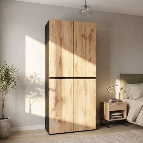 Armoire 4 portes avec penderie, tiroirs et rangement à bijoux 90 x 50 x 200 cm, décor bois HAVRYA (1/5)