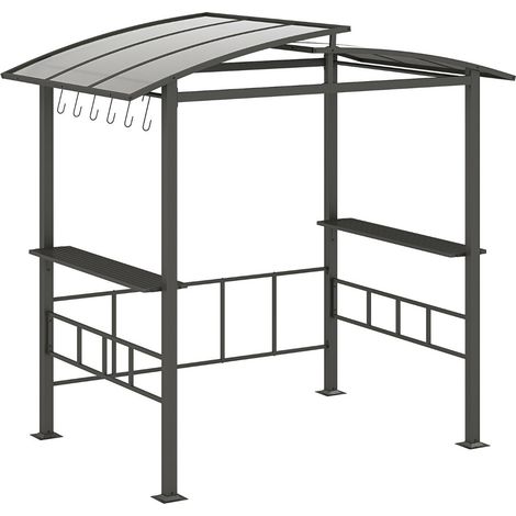 Tonnelle de barbecue avec toit rigide 248 x 150 x 232 cm abri anti-vieillissement 2 étagères modernes en polycarbonate noir