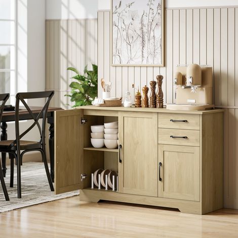 Buffet meuble de rangement avec 3 portes 2 tiroirs et étagère réglable bois naturel 120 x 38 x 79 cm design moderne