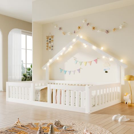 Lit au sol 90x200 cm en bois avec barrière anti-chute, lit cabane avec guirlande lumineuse LED, lit au sol avec barrière de sécurité, blanc (1/5)