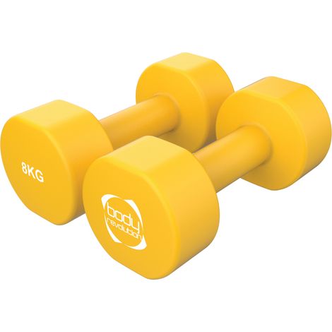 Paire d’haltères en néoprène 2 x 8 kg avec structure en fonte, revêtement antidérapant, design hexagonal anti-roulement. Parfaites pour la musculation, le pilates et les entraînements à domicile.