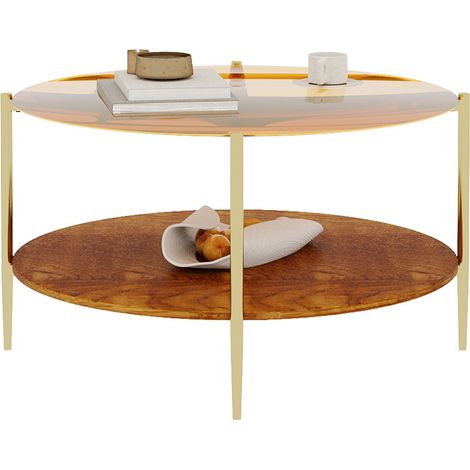 Table basse ronde en verre trempé doré avec rangement bois, diamètre 82 cm, design moderne (1/5)