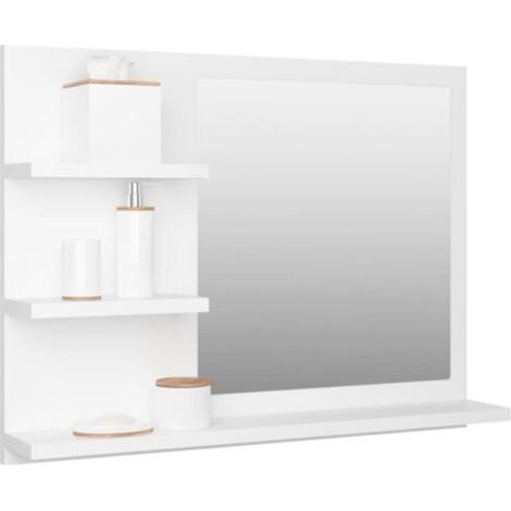 Armoire de toilette miroir blanc 60 x 10,5 x 45 cm – Bois d'ingénierie – 3 étagères pour rangement salle de bain – Style moderne