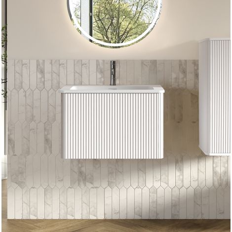 Mueble de baño de 60 cm para baños pequeños, cajones con sistema de apertura a presión, diseño acanalado, MDF blanco. (1/5)