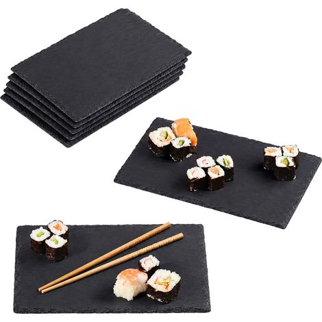 Relaxdays Slate Plate Set of 6, 26 x 16 cm, Serving Cheese & Desserts, Plate for Labelling, Anthracite (1/5)