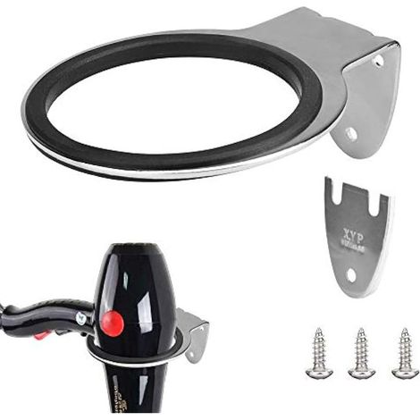 1 support mural pour sèche-cheveux, acier inoxydable, diamètre intérieur 7,5 cm, longueur 12,5 cm, fixation murale avec vis, usage salle de bain cuisine salon (1/5)