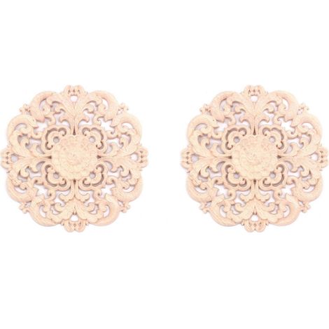 2x Bois d'hévéa sculpté, oblong, non peint, appliqué floral, décoration murale, d'armoire et de porte, couleur bois-JBMEDIA (1/4)