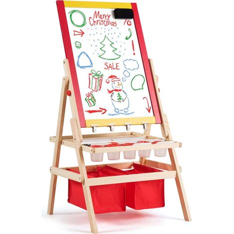 COSTWAY 3 in 1 Kinder Staffelei, Kindertafel doppelseitig, Whiteboard & Kreidetafel & Zeichenpapier, Standtafel, Spieltafel, Holztafel, inkl. 2 Aufbewahrungsboxen und Zubehoer