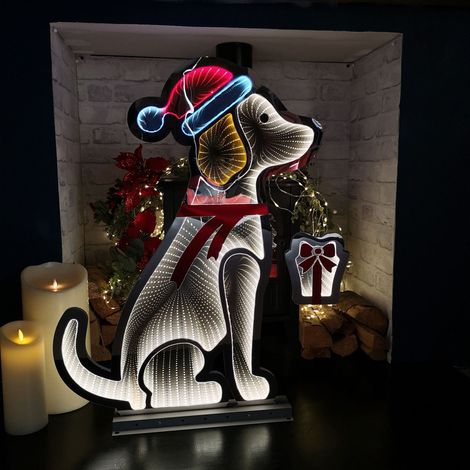 78cm Infinity Light up Standing Dog Christmas Decoration with Warm White & Red LEDs on Metal Base (1/5)