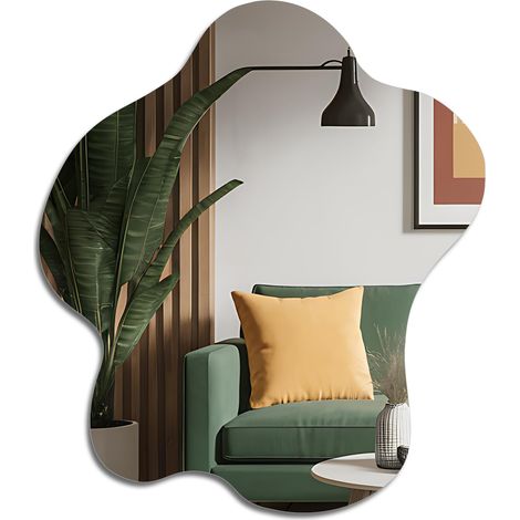 Miroir asymétrique sans cadre à suspendre, 58 x 70 cm, grand miroir mural irrégulier avec panneau arrière en MDF, miroir décoratif pour mur, salon, salle de bain, couloir, entrée, décoration (1/5)