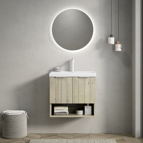 Mobile lavabo sospeso in ceramica e multistrato off white con lavabo bianco, 55 cm (1/5)