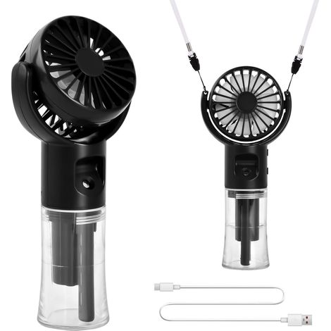 Ventilateur Portable, Ventilateur de Poche USB Rechargeable, 4 Vitesses, avec réservoir d'eau de 20ml, Portatif USB mini Fan Pour Bureau, Extérieur, Voyage (Noir) (1/5)