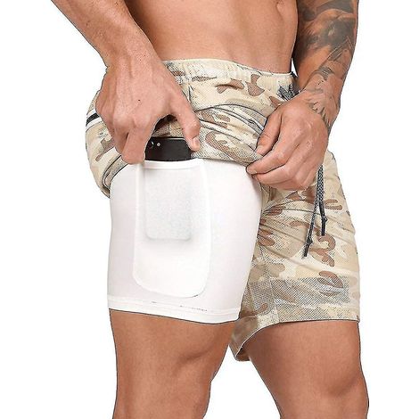 Short de sport 2 en 1 pour homme, idéal pour la course, la salle de sport et l'entraînement. Séchage rapide. Couleur : Beige camouflage. (1/4)