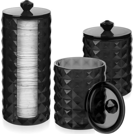 3 Pcs - Boite Coton - Porte Tige - Organisateur de Rangement avec Couvercle - Structure en Diamant Noir - Pour Salle de Bain et Chambre - Noir - 10x8x12cm