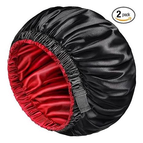 Set aus 2 wendbaren, doppellagigen Haarnetzen aus Seidensatin für Damen und Herren, für lockige Zöpfe, mit breitem Gummiband (XL, schwarz/rot) (1/4)