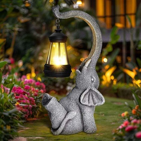 Statue de jardin, lampe solaire, décoration d'extérieur, éléphant, idée cadeau pour maman, femme, homme, anniversaire, maison, balcon, terrasse, décoration, gris