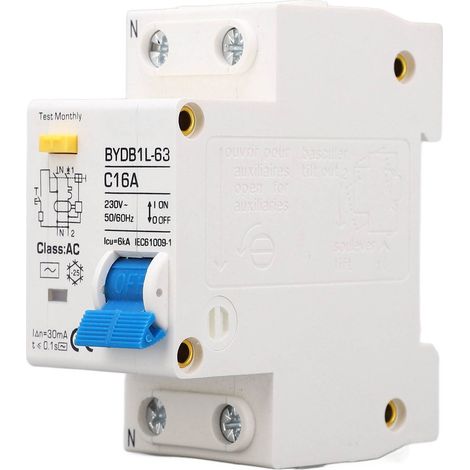 Disjoncteur 1P+N 230 V CA 16 A avec protection différentielle contre les fuites à la terre, montage sur rail DIN (1/5)