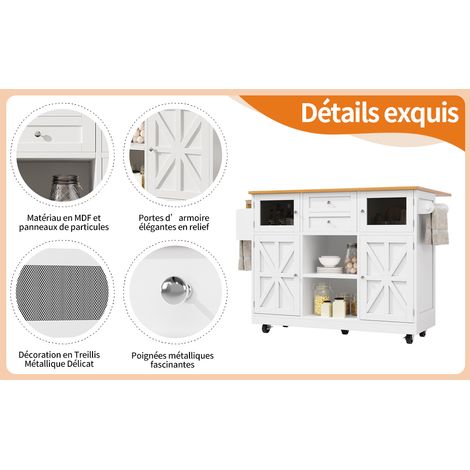 Îlot de cuisine, desserte avec plan de travail, buffet, porte-serviettes latéral, portes de placard à roulettes, étagères réglables, blanc (1/5)